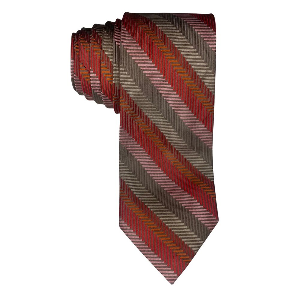 BCBG Attitude 100% Silk Tie Red Pink Grey Chevron Herringbone Hand Sewn